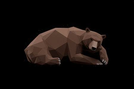 Polygonal brown bear isolated on black background, low poly styleの素材