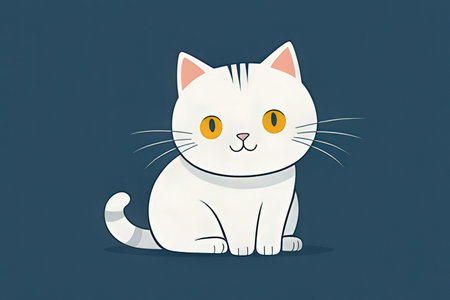 Cute cartoon white cat sitting on blue background. Vector illustration.のeditorial素材