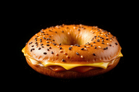 Bagel with cheese and sesame seeds on a black backgroundの素材