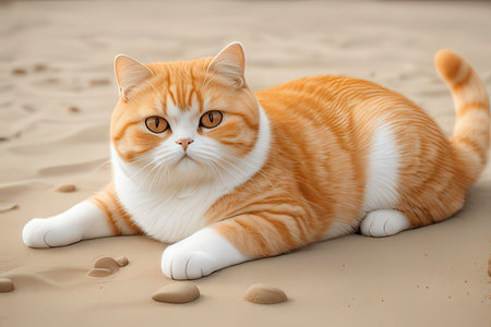 Beautiful red cat lying on the sand and looking at the cameraの素材