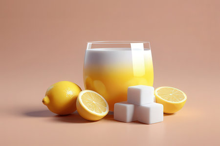 Lemon juice in a glass with lemon slices and sugar cubes. 3d renderingの素材