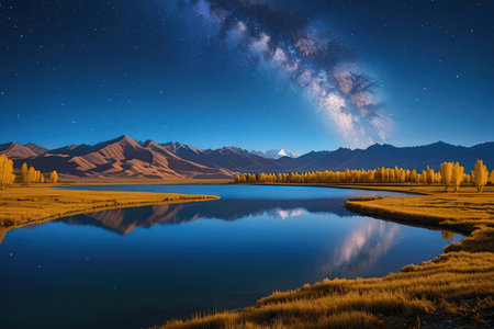 Mountain landscape with lake and milky way. 3d renderingの素材