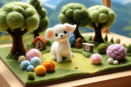 Cute sheep in the forest with a ball of thread and housesの素材