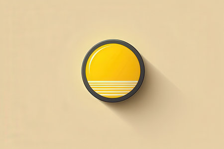 Yellow sun button with long shadow on beige background. Vector illustrationの素材