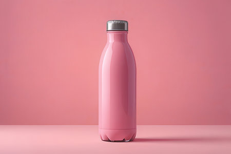 Pink plastic bottle mockup on pink background. 3D rendering.の素材