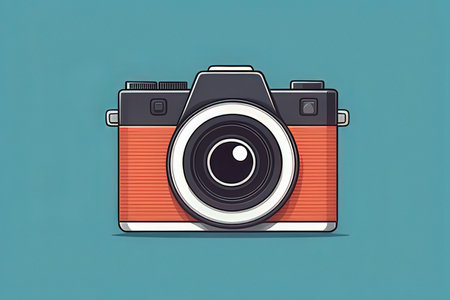 Retro camera icon on a blue background. Vector illustration in flat styleの素材