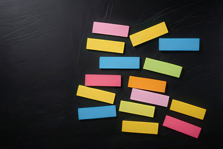 Colored sticky notes on blackboard background. Top view with copy spaceの素材