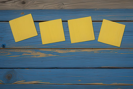 Yellow sticky notes on a blue wooden background. View from above.の素材