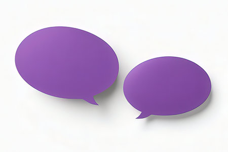 3d render of two purple speech bubbles over white background with shadowの素材
