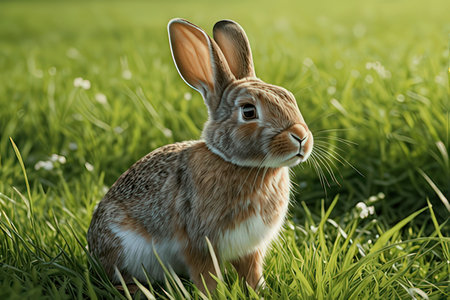 Cute little rabbit on green grass in spring park. Animal portraitの素材