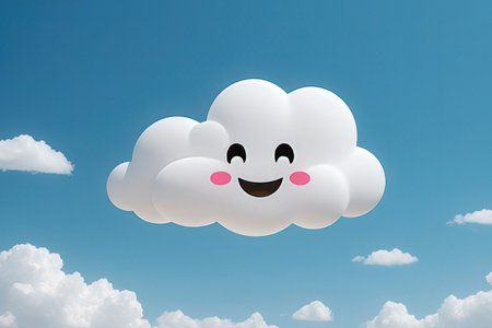 Smiling cloud with eyes and mouth against blue sky with white cloudsの素材