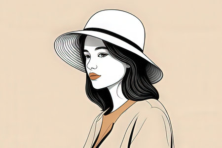 Fashion illustration of a beautiful woman in hat. Vector illustration.の素材