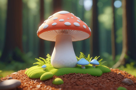 Fantasy mushroom in the forest. 3d illustration. Nature background.の素材