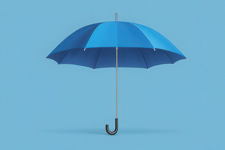 Blue umbrella isolated on blue background. 3d illustration. Mock upの素材
