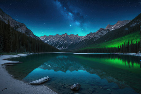 Mountain lake at night with starry sky and reflection in waterの素材