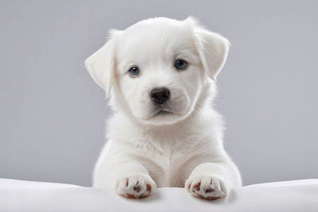 White puppy with blue eyes on a gray background. Studio shot.の素材