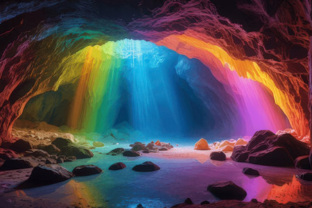 Fantasy landscape with a rainbow in the cave. 3d renderingの素材