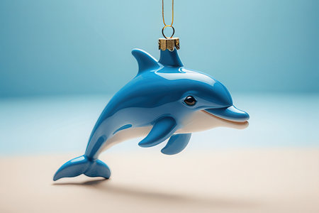 Dolphin toy hanging on a rope on a blue background. 3d renderingの素材