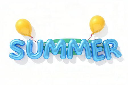 Summer lettering with balloons on white background. 3D rendering.の素材
