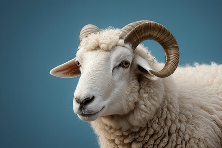 Sheep isolated on blue background. Close-up portrait of a ramの素材