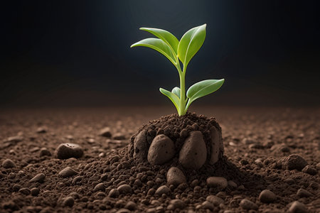 Green sprout growing from soil on dark background, 3d renderの素材