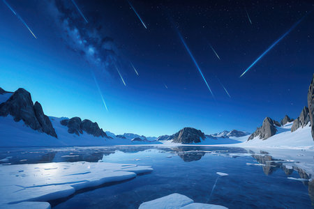 Winter landscape with starry sky and frozen lake. 3d renderingの素材