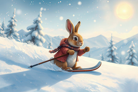 Cute rabbit skiing in winter forest. 3D Rendering.の素材