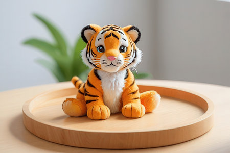 Cute tiger toy on wooden tray in living room, closeupの素材