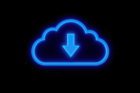 Cloud download neon sign. Blue neon icon on black background. Vector illustrationの素材