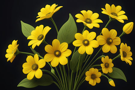 yellow daisies bouquet on black background. 3d illustrationの素材