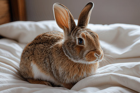 Cute little rabbit on bed at home, closeup. Lovely petの素材