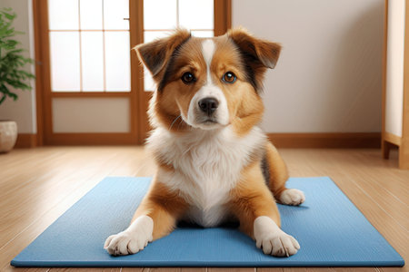 Cute dog on yoga mat at home. Concept of healthy lifestyleの素材