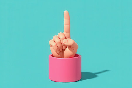 Finger pointing up in pink round box on blue background with shadowの素材