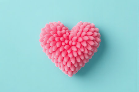 Pink heart-shaped sponge on blue background. Minimal style.の素材