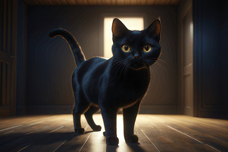 Black cat in dark room, 3d rendering. Computer digital drawing.の素材