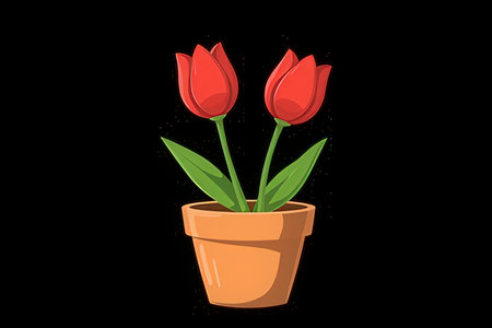Red tulips in a pot on a black background. Vector illustrationの素材