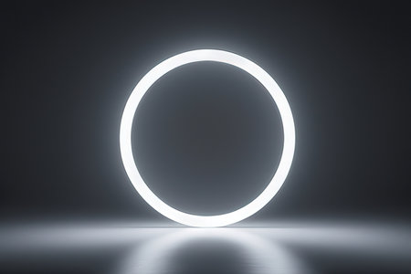 White circle neon light on a dark background. 3d rendering mock upの素材