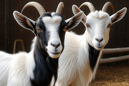 Two goats in the farm on a wooden background. Concept of breeding and raising goats.の素材