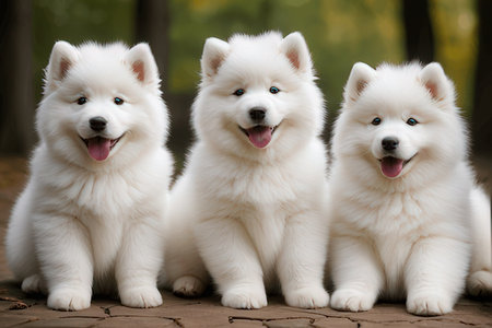 Three Samoyed puppies sitting on the ground in the park.の素材