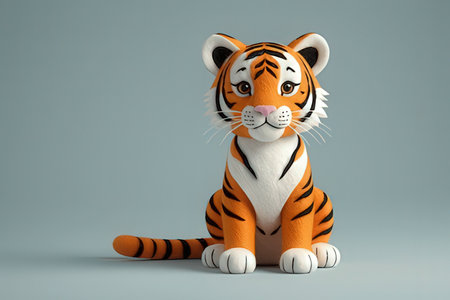 Orange and white tiger sitting on a gray background. 3d renderingの素材