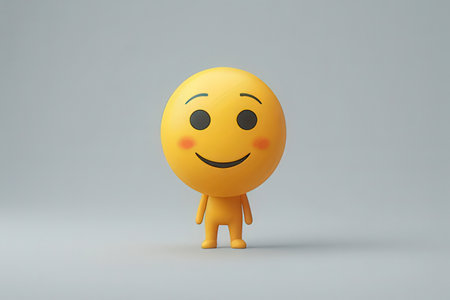 3d illustration of yellow emoticon with smiley face on gray backgroundの素材