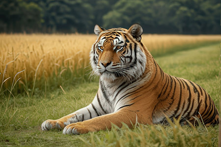 Siberian Tiger lying down on the grass in the field.の素材