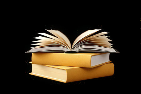 Open book on a black background. 3d rendering, 3d illustration.の素材
