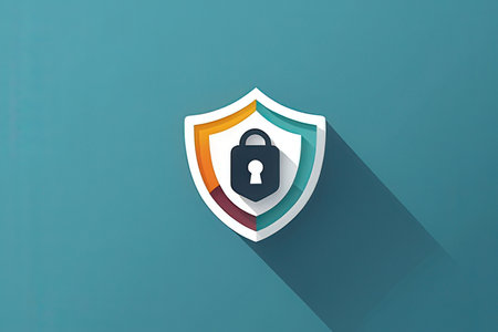 Protection shield with lock icon on blue background, 3d illustrationの素材