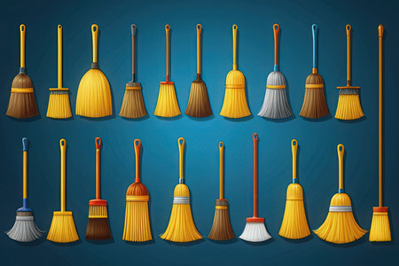 Set of different types of brooms on blue background. Vector illustrationの素材