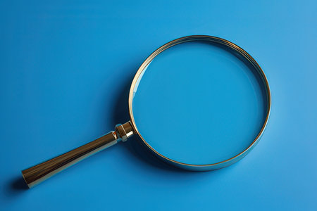 Magnifying glass on blue background. 3d illustration. Top view.の素材