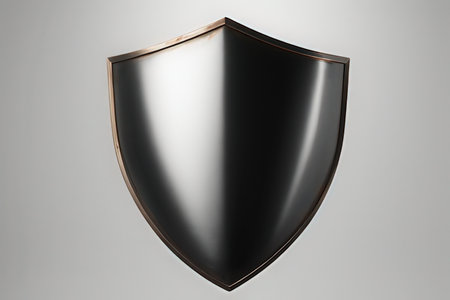 Black shield on a gray background. 3d rendering, 3d illustration.の素材
