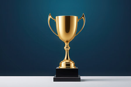 Golden trophy cup on a blue background. 3D rendering. Image contains clipping path.の素材