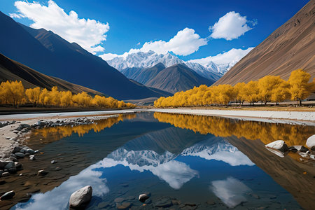 Mountain landscape with lake and yellow aspens in Himalayasの素材