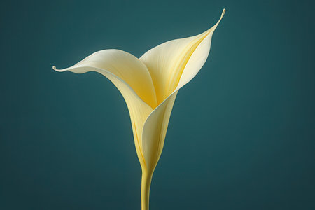 Yellow calla lily flower isolated on blue background, close upの素材